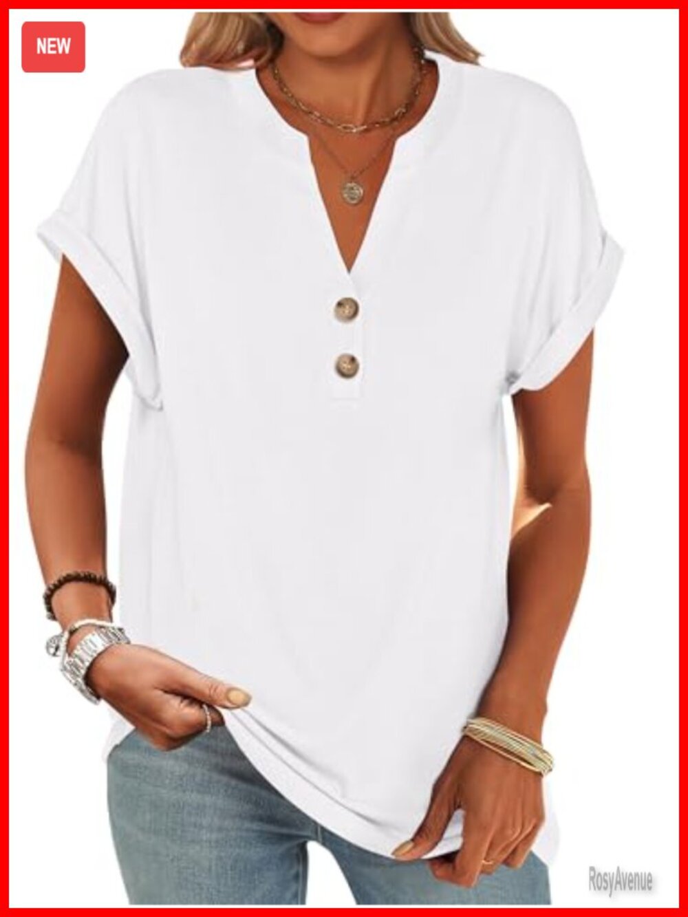 Womens Short Sleeve Henley Top V-Neck Button Loose Fit Tunic Blouse